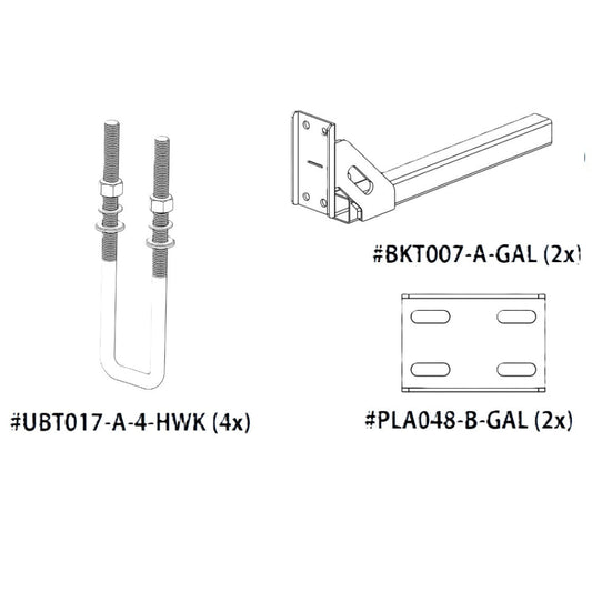 Technical drawing of hardware components including bolts and brackets on a white background